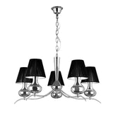 Chrome chandelier ceiling light with five curved arms and black fabric shades