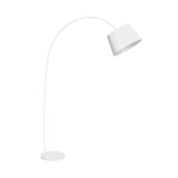 White arc floor lamp with round base and angled shade