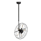 Black industrial ceiling fan light with wire cage and exposed bulbs