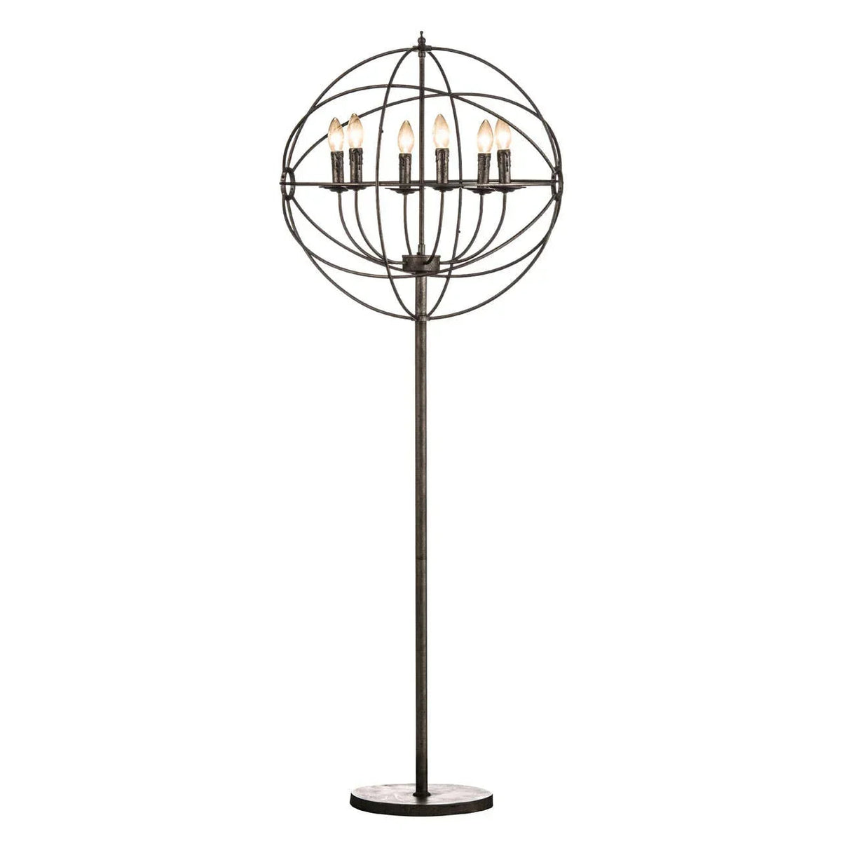 Black spherical cage floor lamp with six exposed bulbs, front view