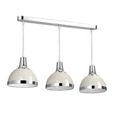 Triple pendant ceiling light with chrome and white dome shades