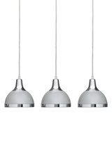 Set of three chrome pendant lights with white domed shades, suspended on cables