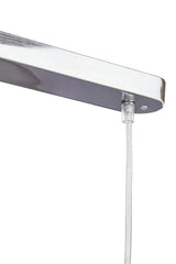 Chrome ceiling light fitting with clear suspension cable and minimalist design, closeup view