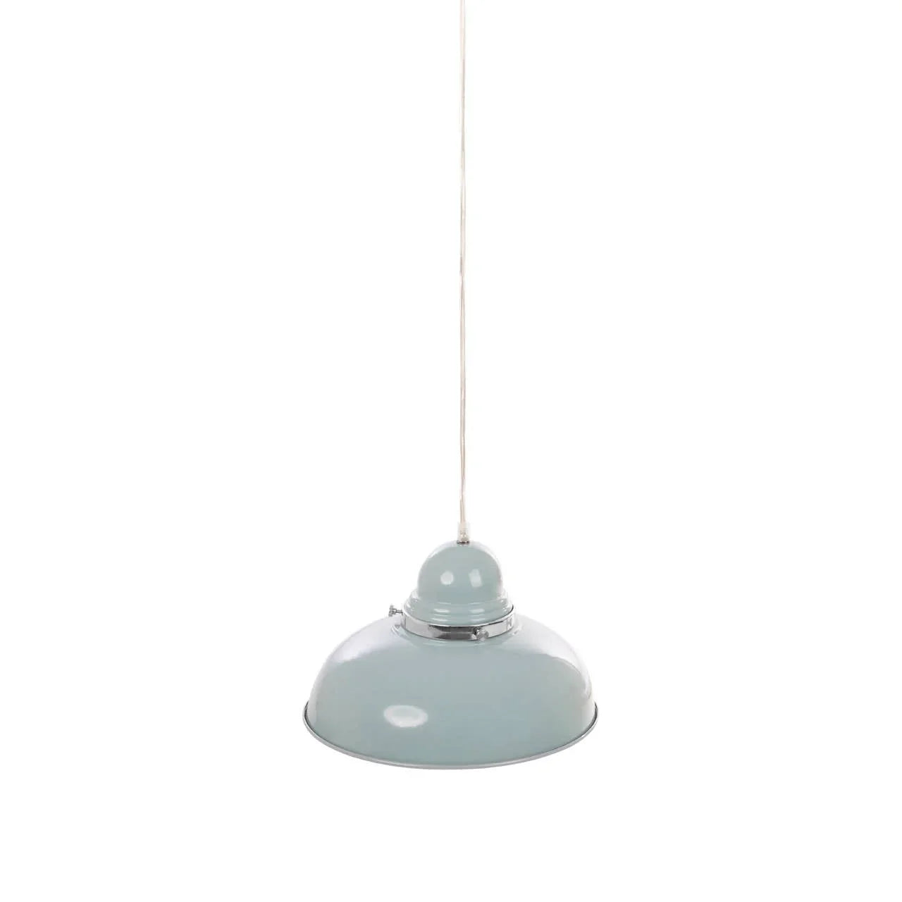Grey metal pendant ceiling light with dome shade on white background