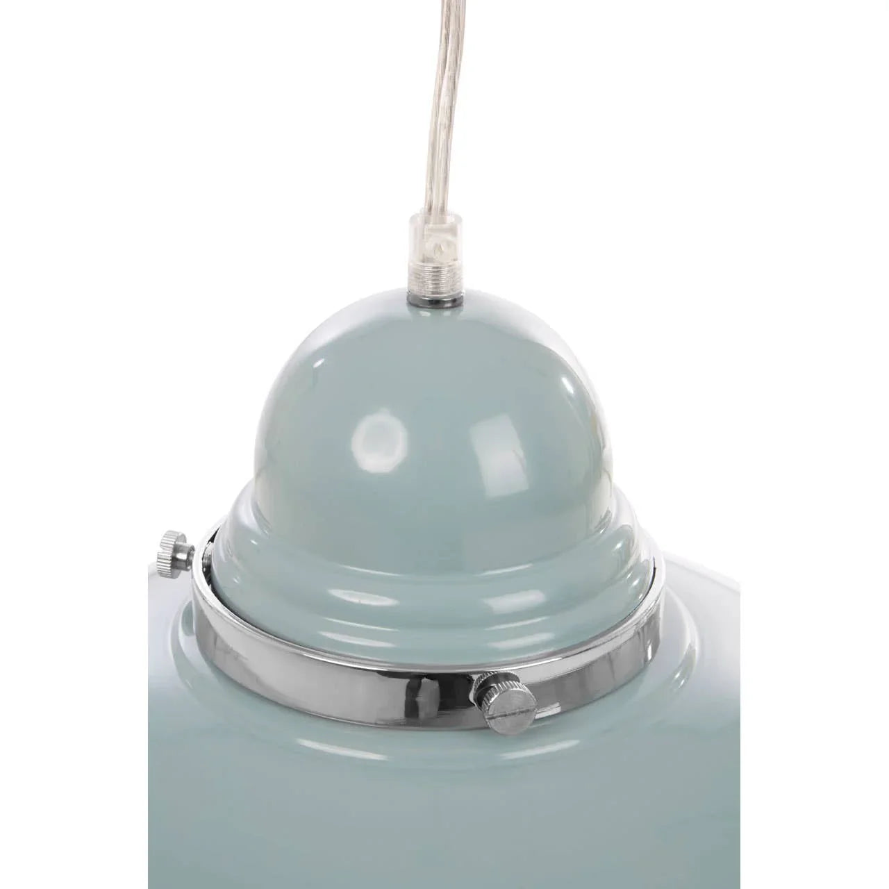 Glossy blue pendant light metal dome shade with chrome trim and clear hanging cord