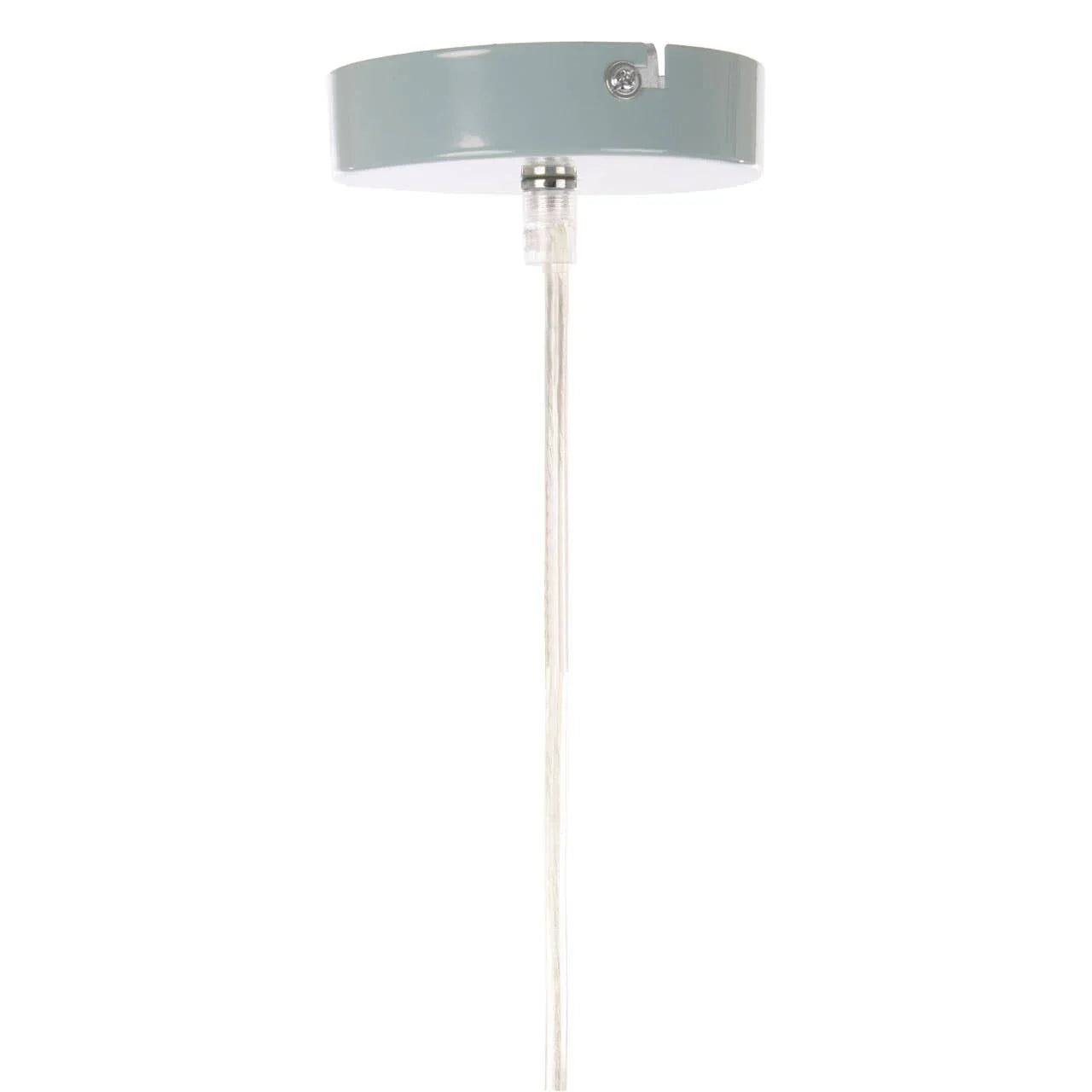 Ceiling pendant light fitting with grey round metal canopy and clear suspension cable
