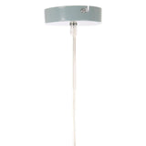 Ceiling pendant light fitting with grey round metal canopy and clear suspension cable