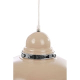 Beige metal pendant light with chrome trim and clear cable, modern ceiling fixture close-up
