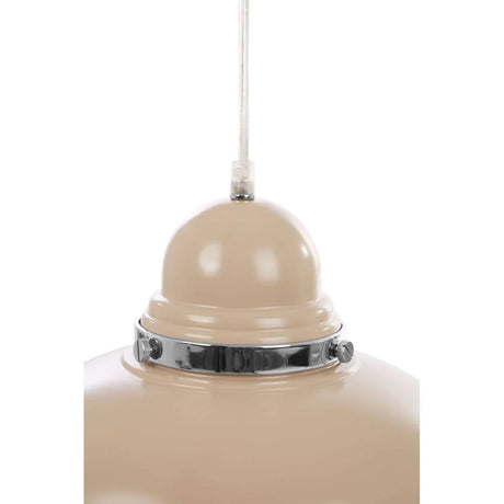 Beige metal pendant light with chrome trim and clear cable, modern ceiling fixture close-up
