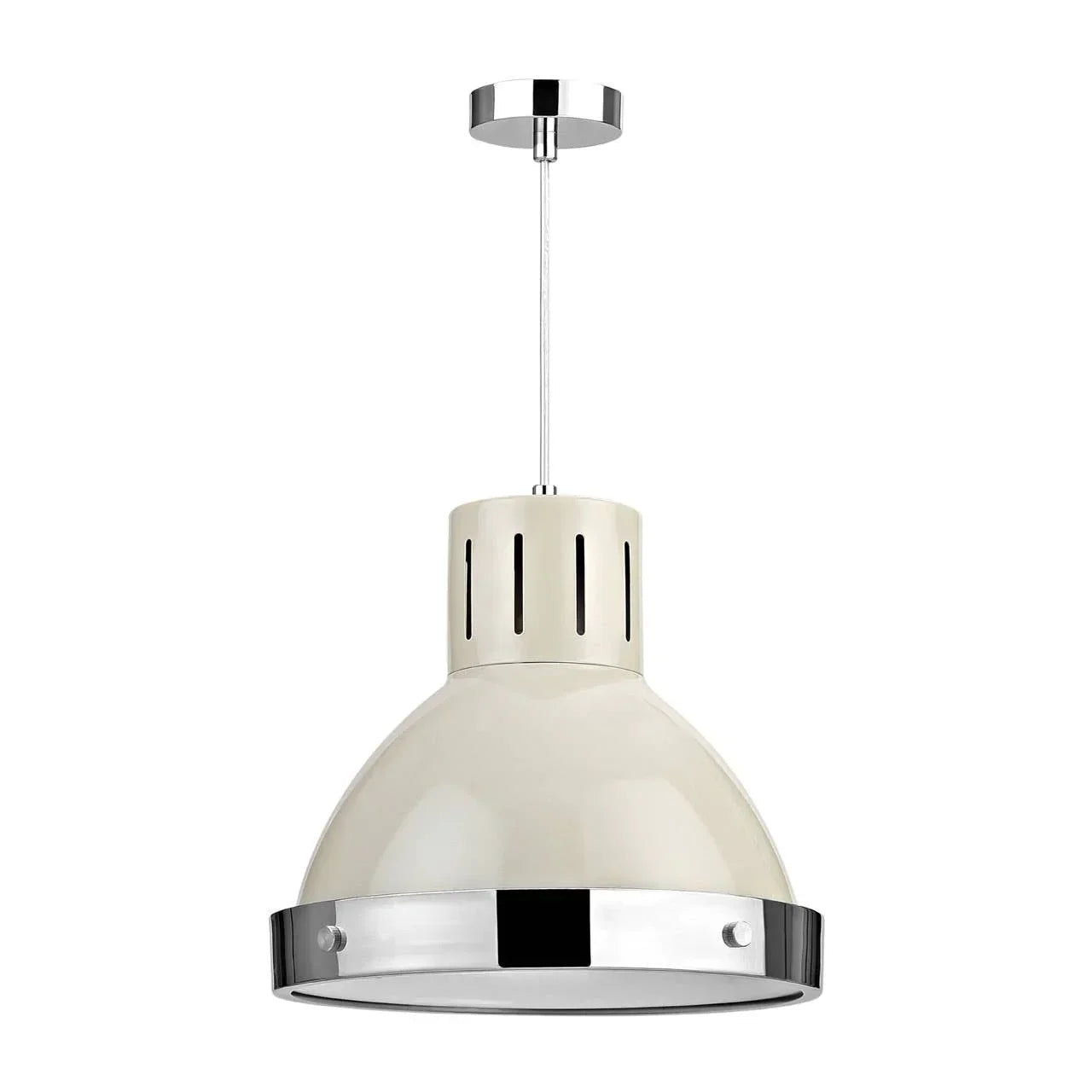 Cream metal pendant light with chrome trim and ceiling mount, modern ceiling lighting