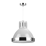 Modern white pendant light with chrome trim and ceiling mount, suspended by clear cable