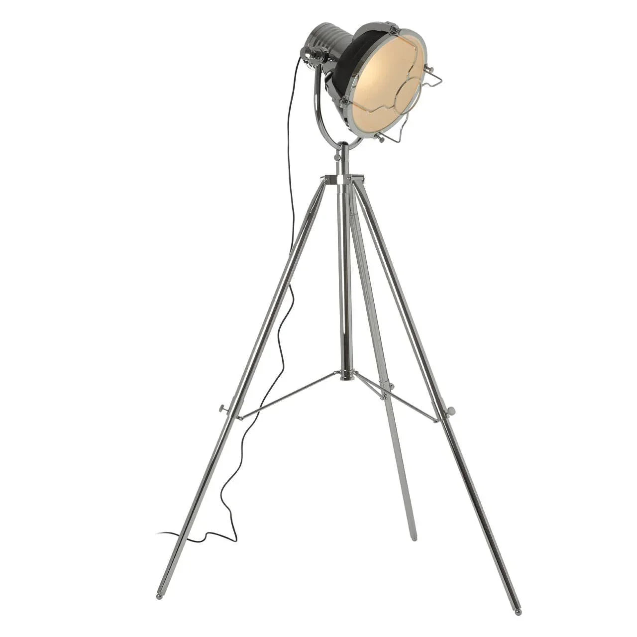 Industrial tripod floor lamp with black shade and chrome stand