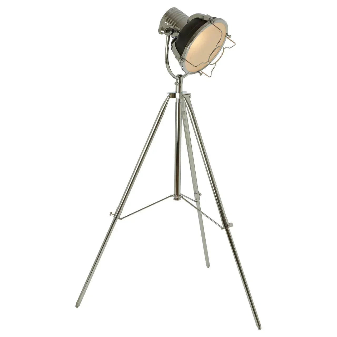 Chrome tripod floor lamp with adjustable spotlight head and metal cage detailing