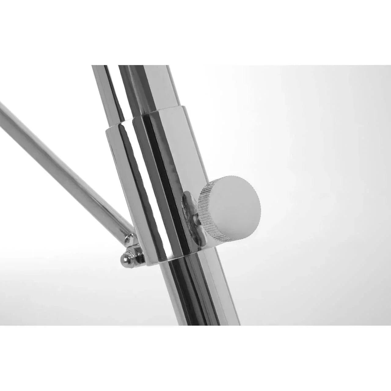 Close-up of chrome adjustable metal furniture leg with locking knob