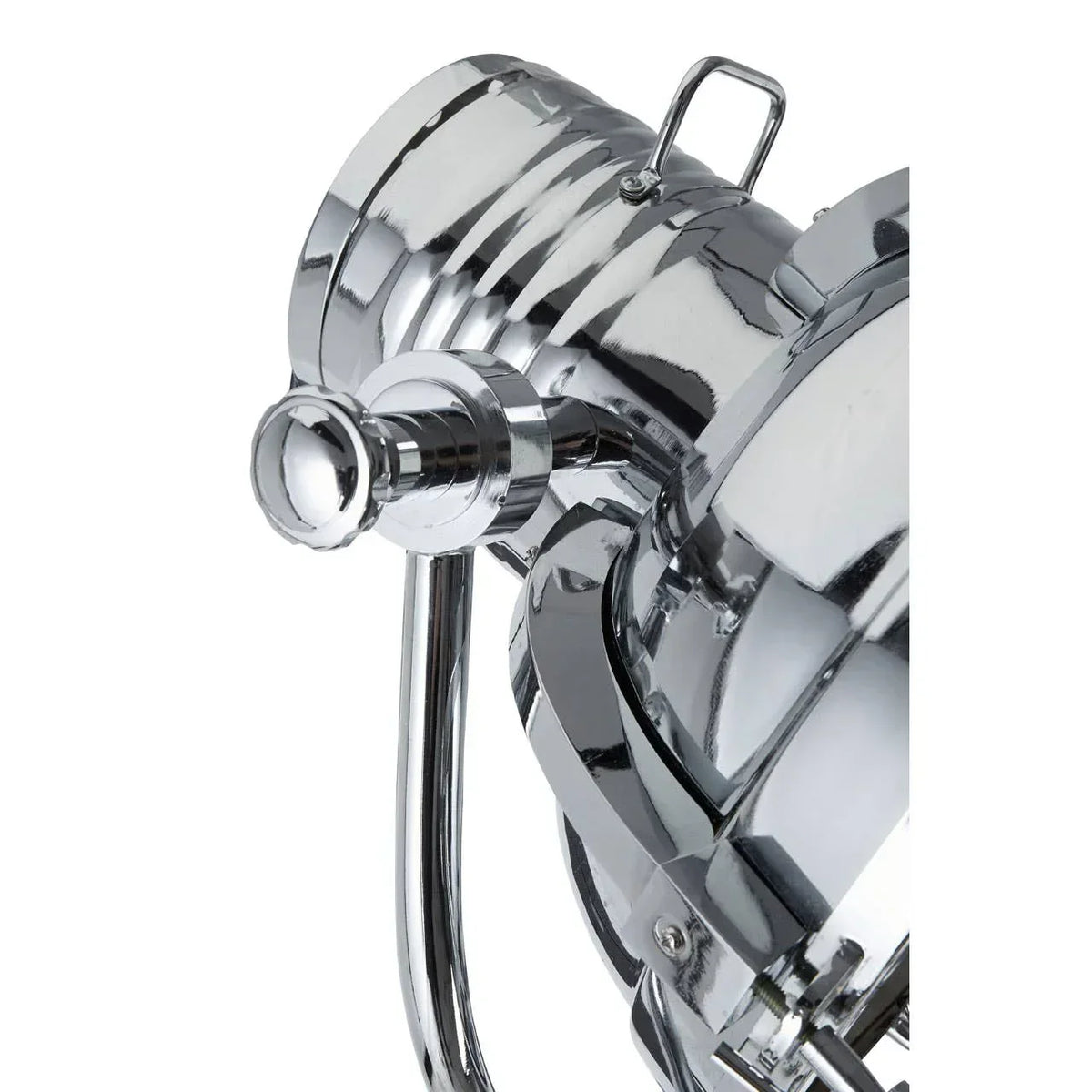 Close-up chrome spotlight lamp with adjustable base and industrial design