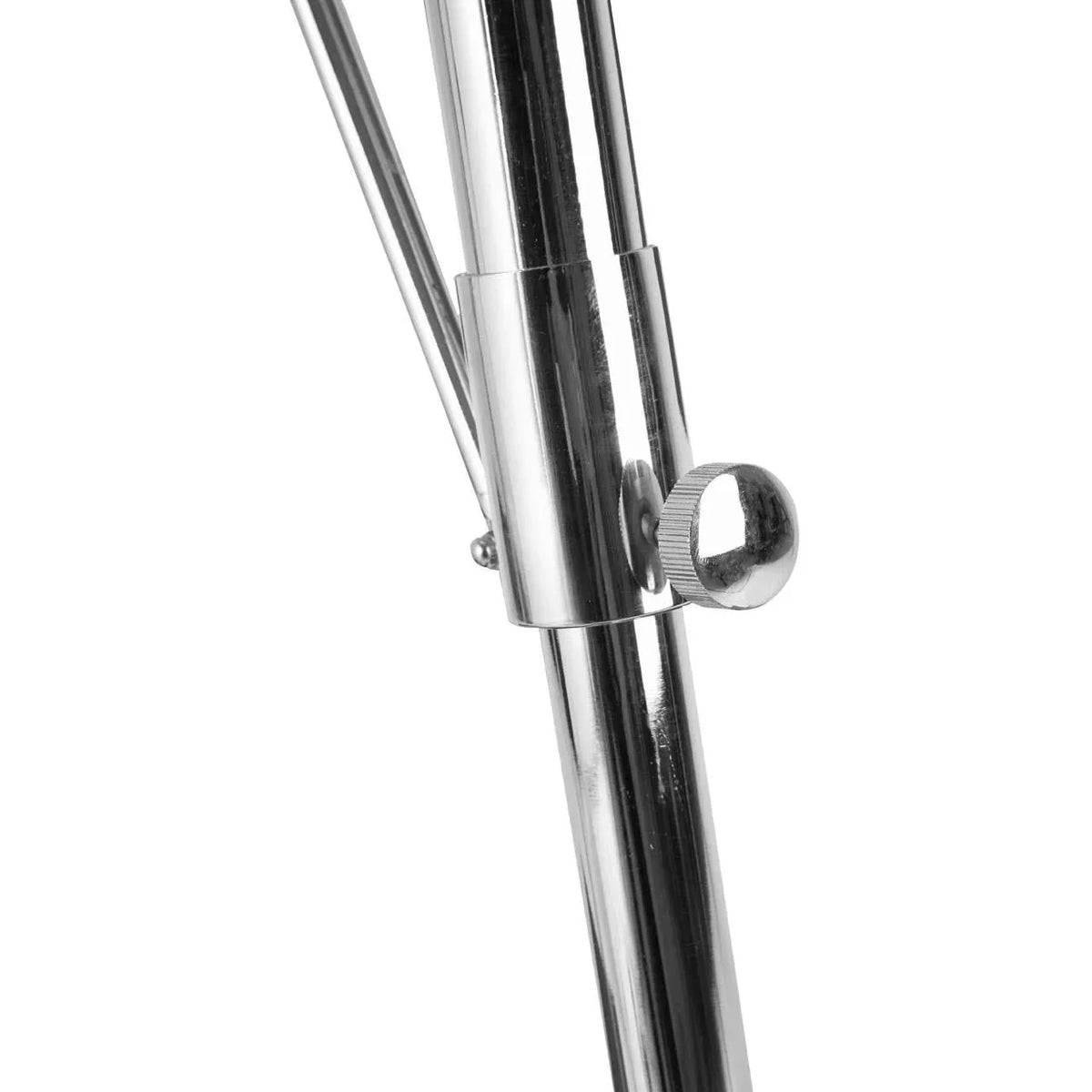 Close-up of chrome tripod leg with adjustable locking screw