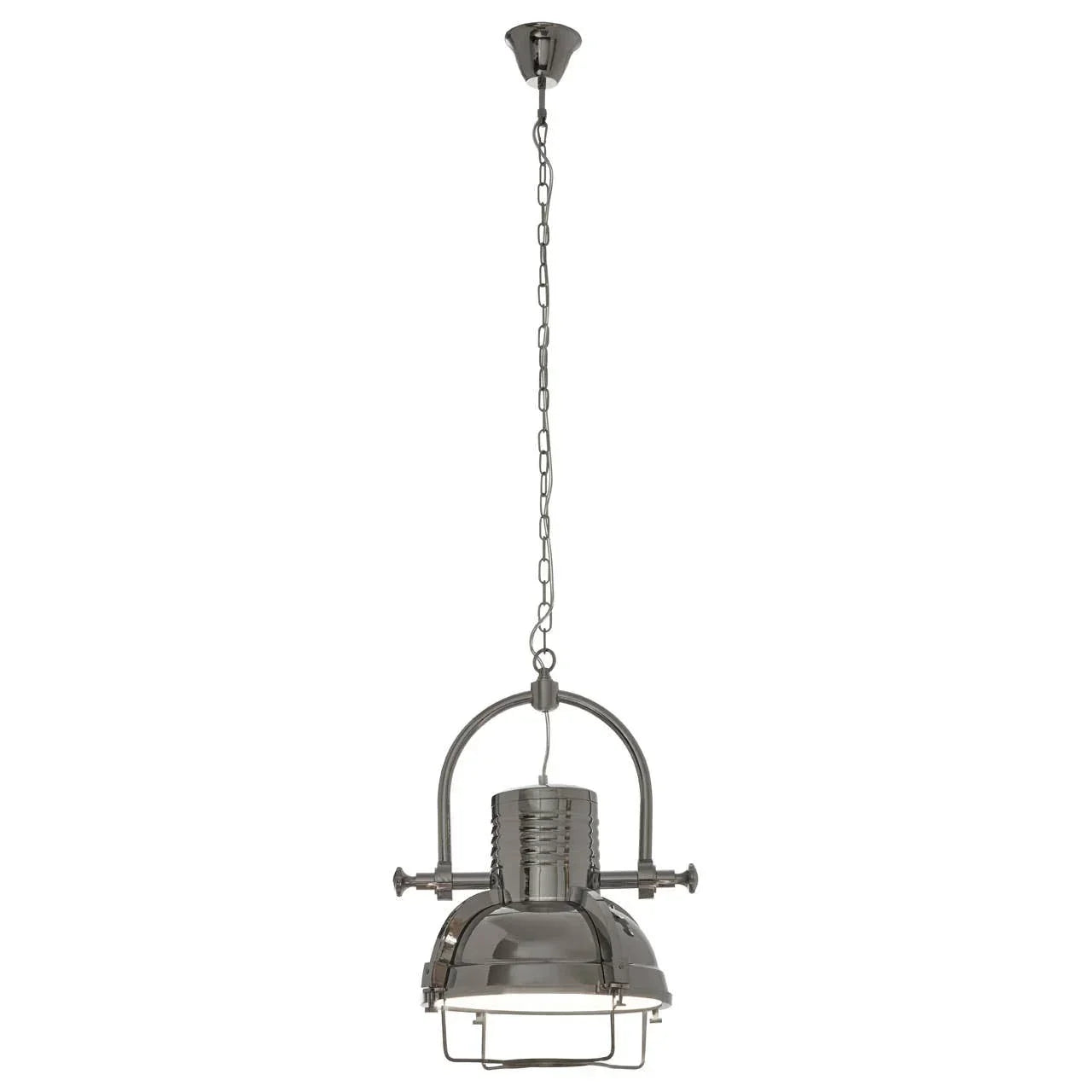 Industrial metal pendant ceiling light with chain suspension and cage detail