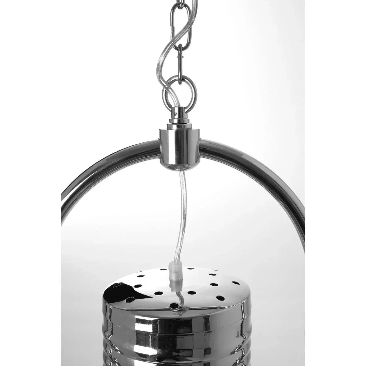 Chrome pendant light fixture with chain and circular frame, close-up view