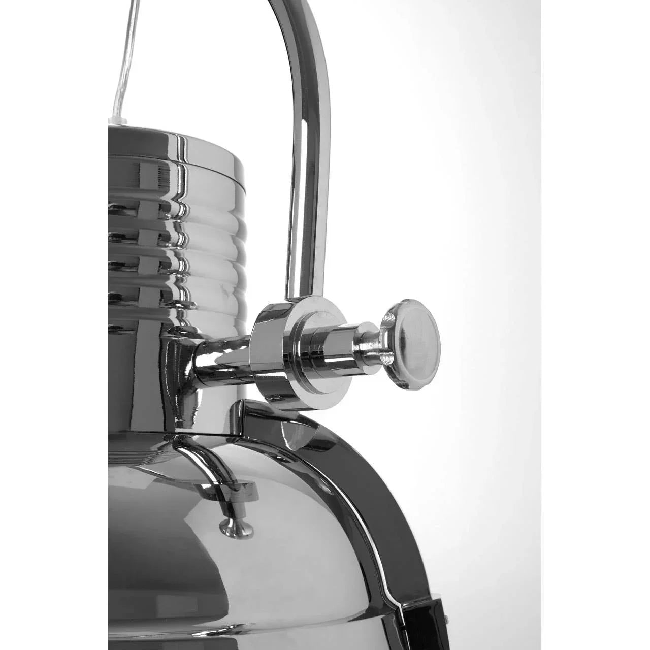 Chrome pendant light fixture with industrial style and metallic finish, close-up of detail