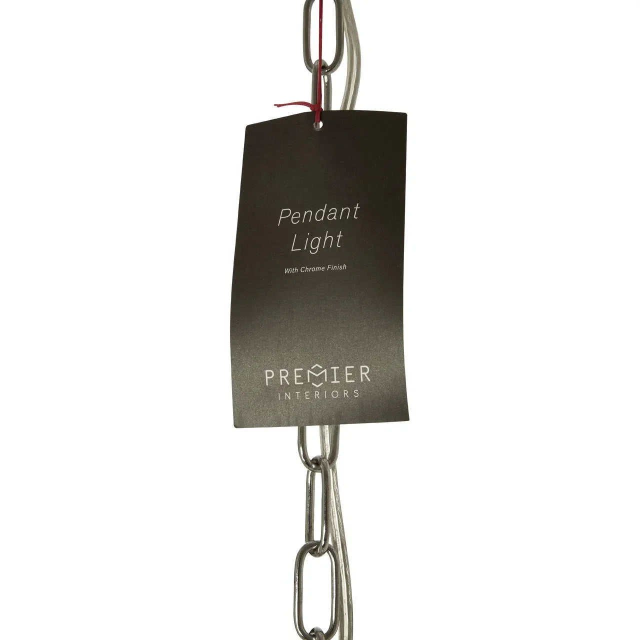 Pendant light chrome finish with hanging chain and product label