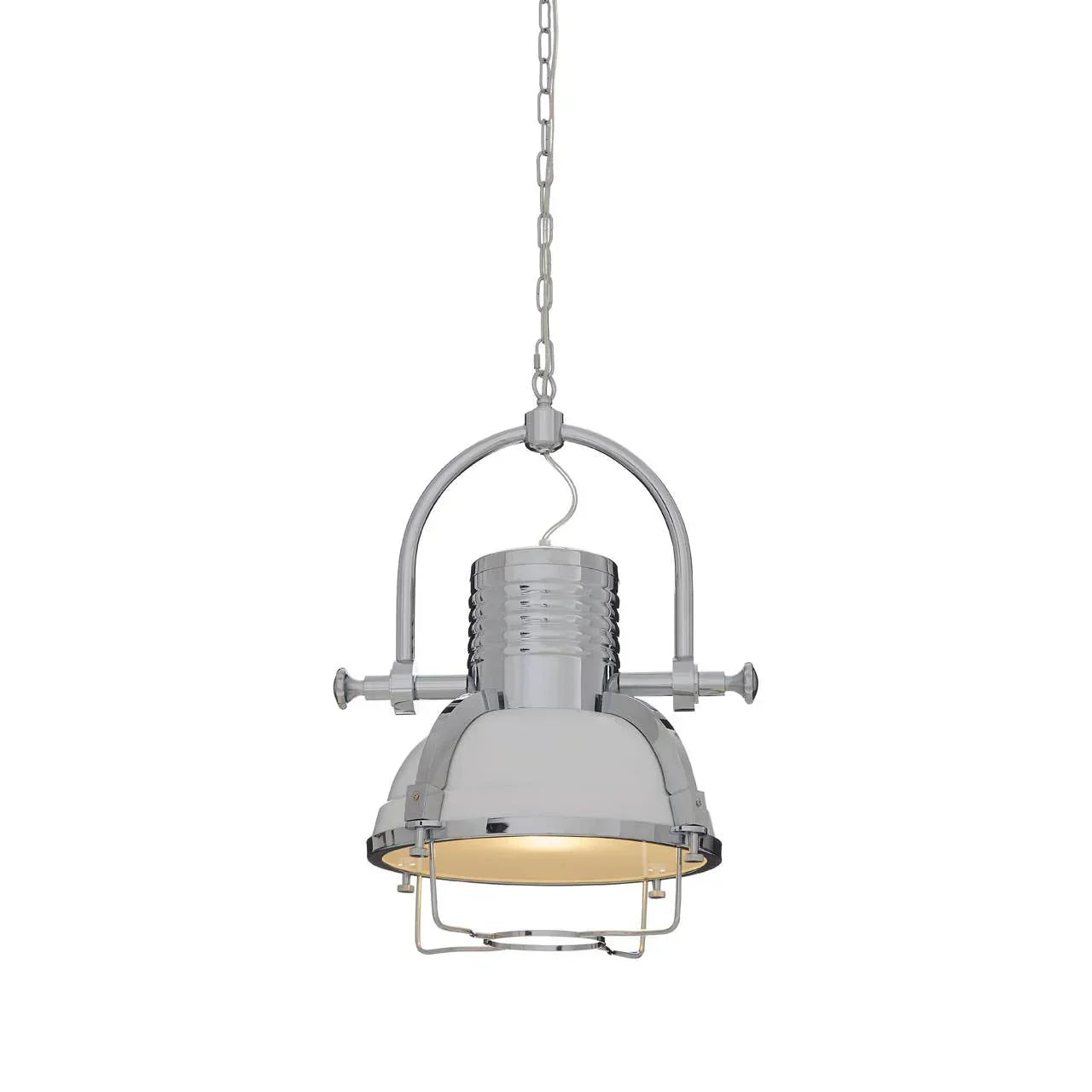 Chrome industrial pendant light with chain hanging and exposed bulb detail