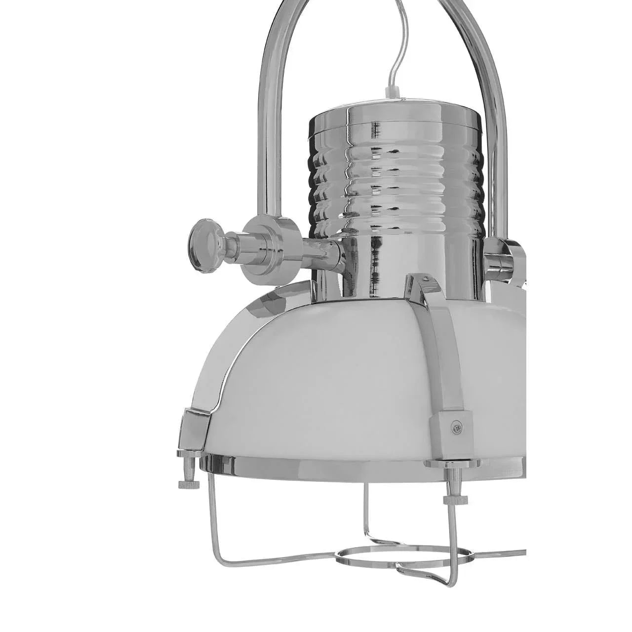 Close up of chrome pendant ceiling light with industrial design and metal detailing