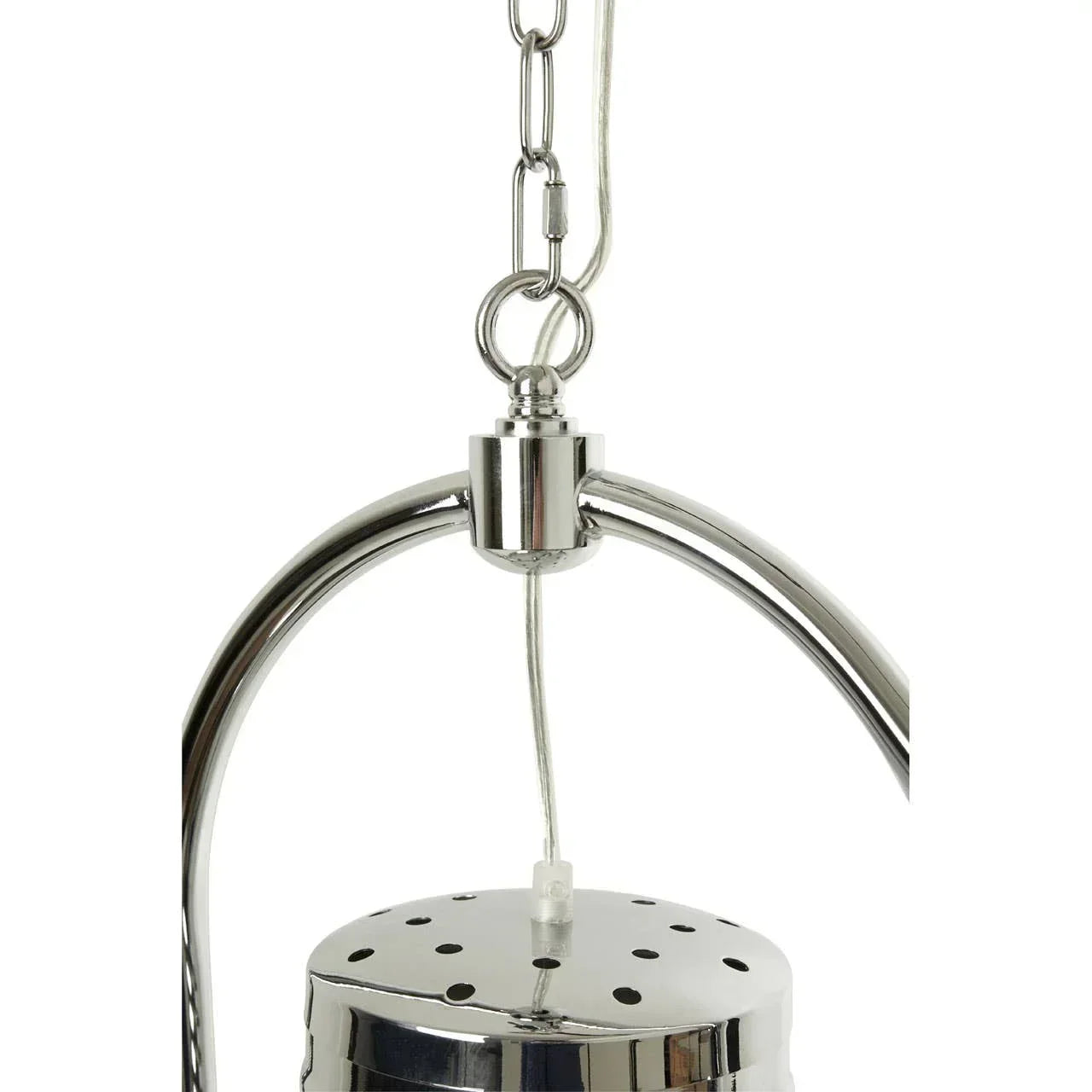 Chrome pendant light with perforated metal shade and hanging chain detail