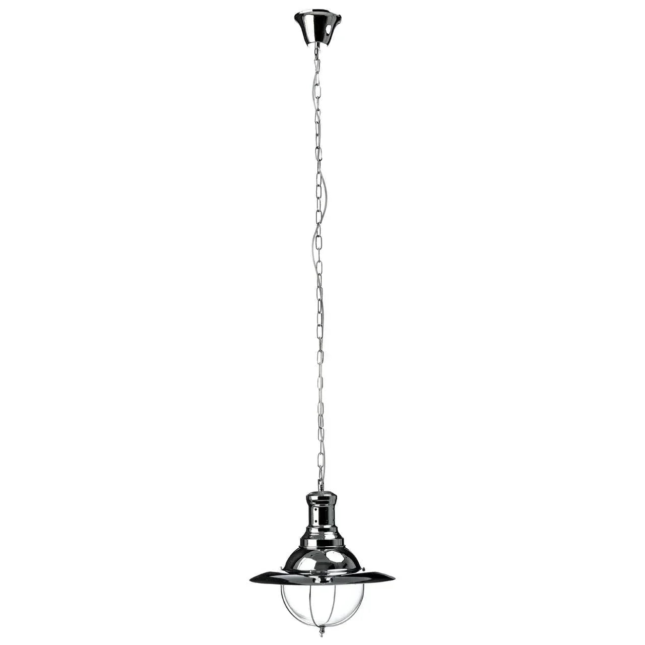 chrome pendant ceiling light with metal cage shade and chain suspension