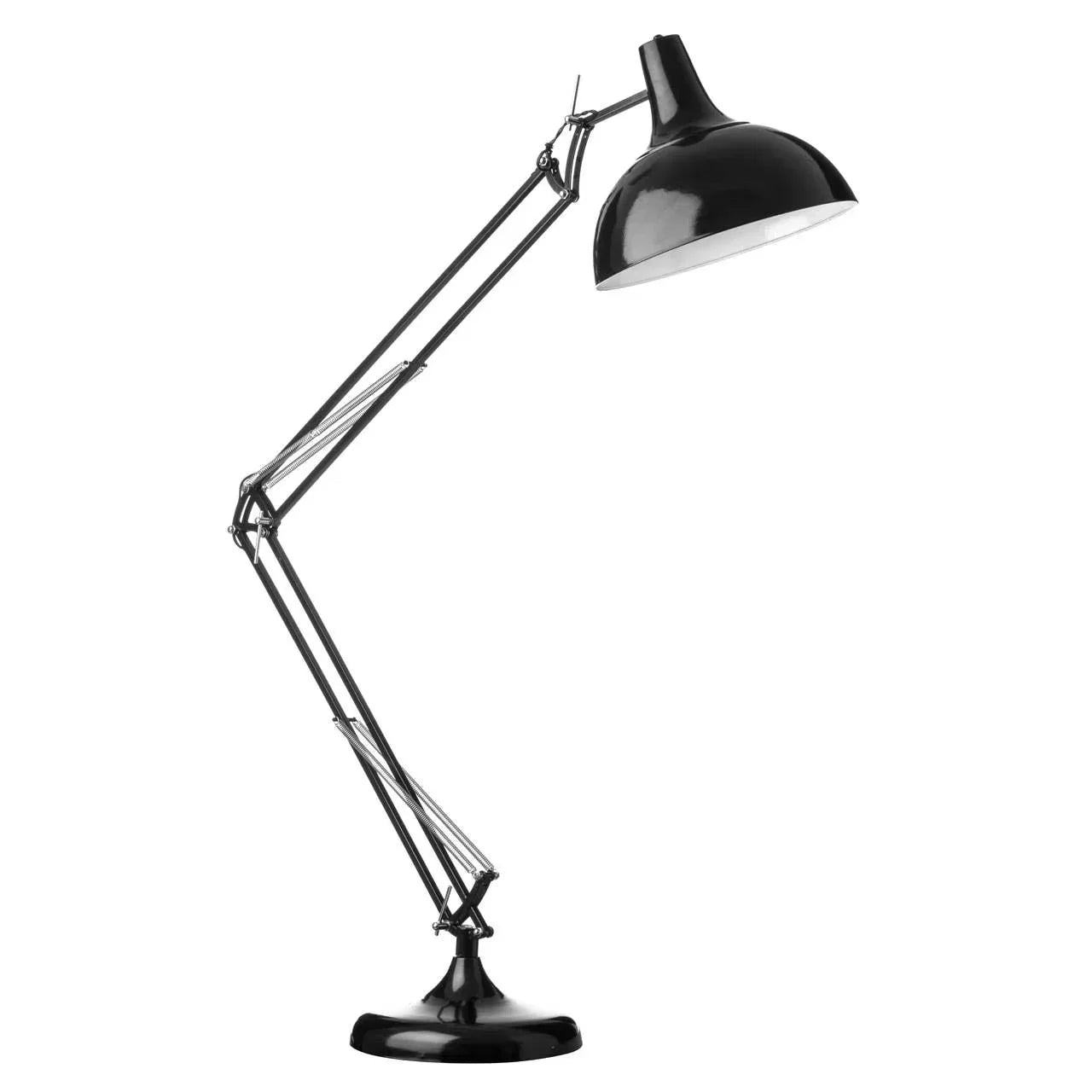 Black adjustable desk lamp with metal arm and round base