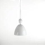 Modern white pendant light fixture with dome shade suspended from ceiling