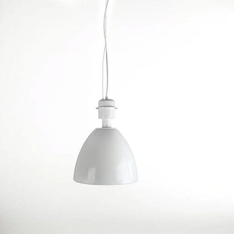 Modern white pendant light fixture with dome shade suspended from ceiling