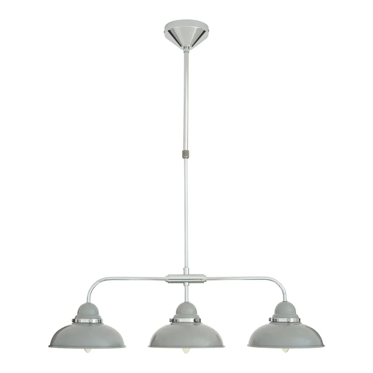 Three light grey metal pendant ceiling light with chrome accents and bar design
