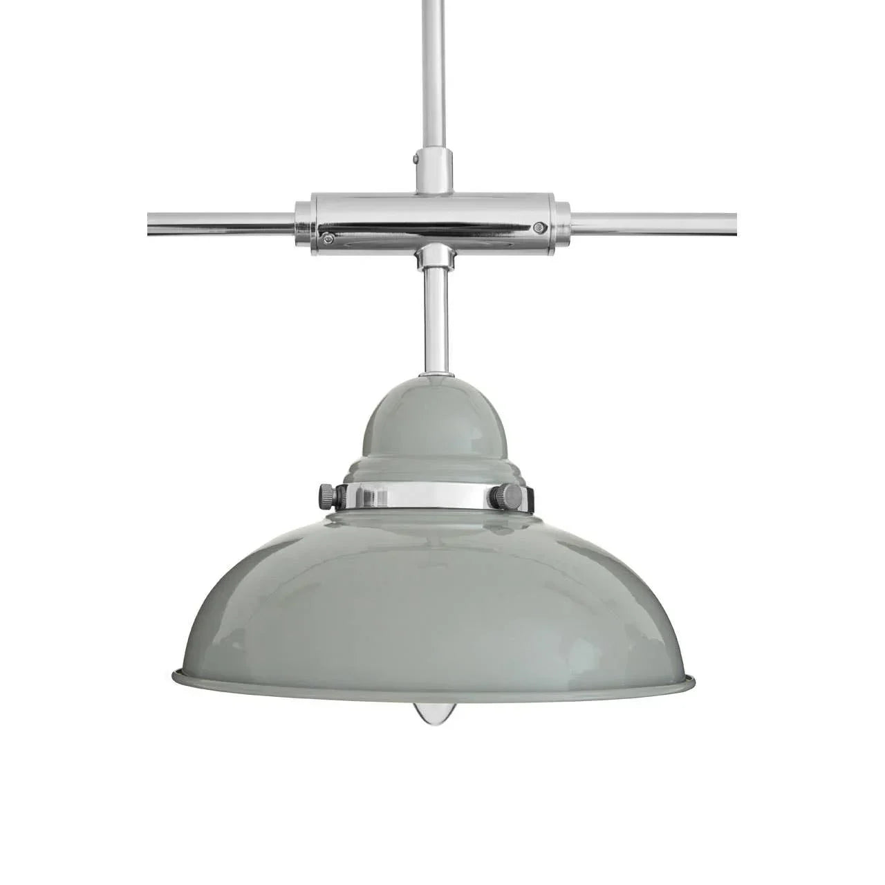Grey metal dome pendant light with chrome hardware and round shade, close-up view