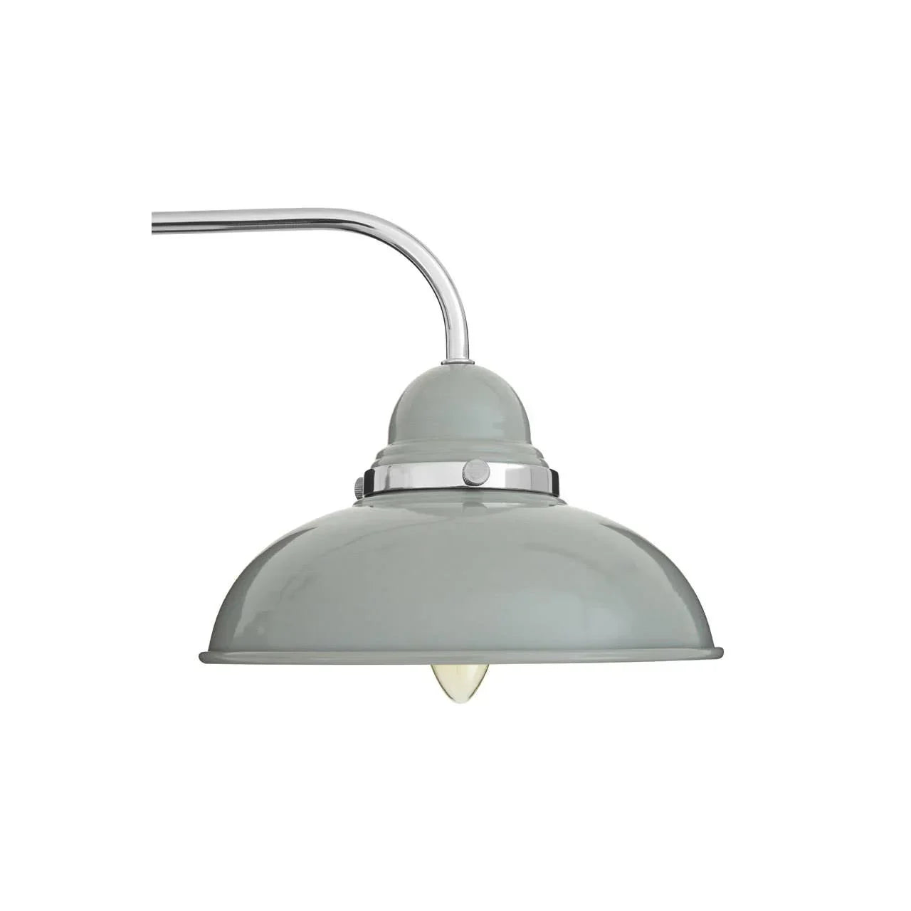Grey metal pendant light with curved chrome arm and exposed bulb