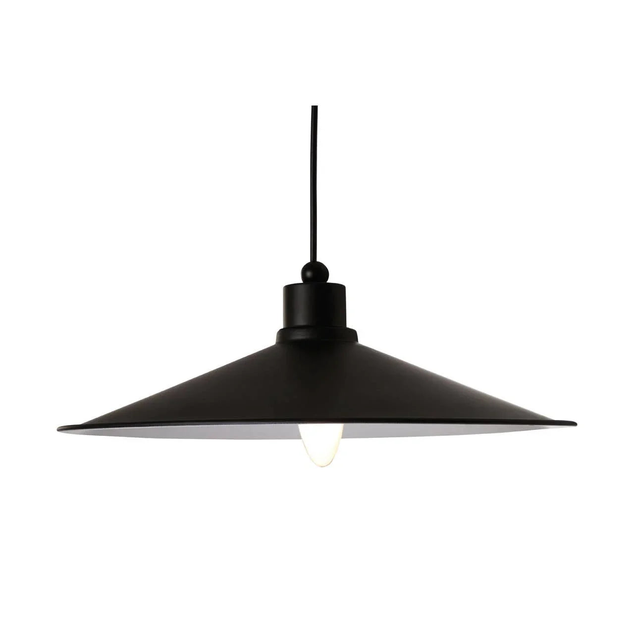 Black metal pendant ceiling light with wide cone shade and exposed bulb