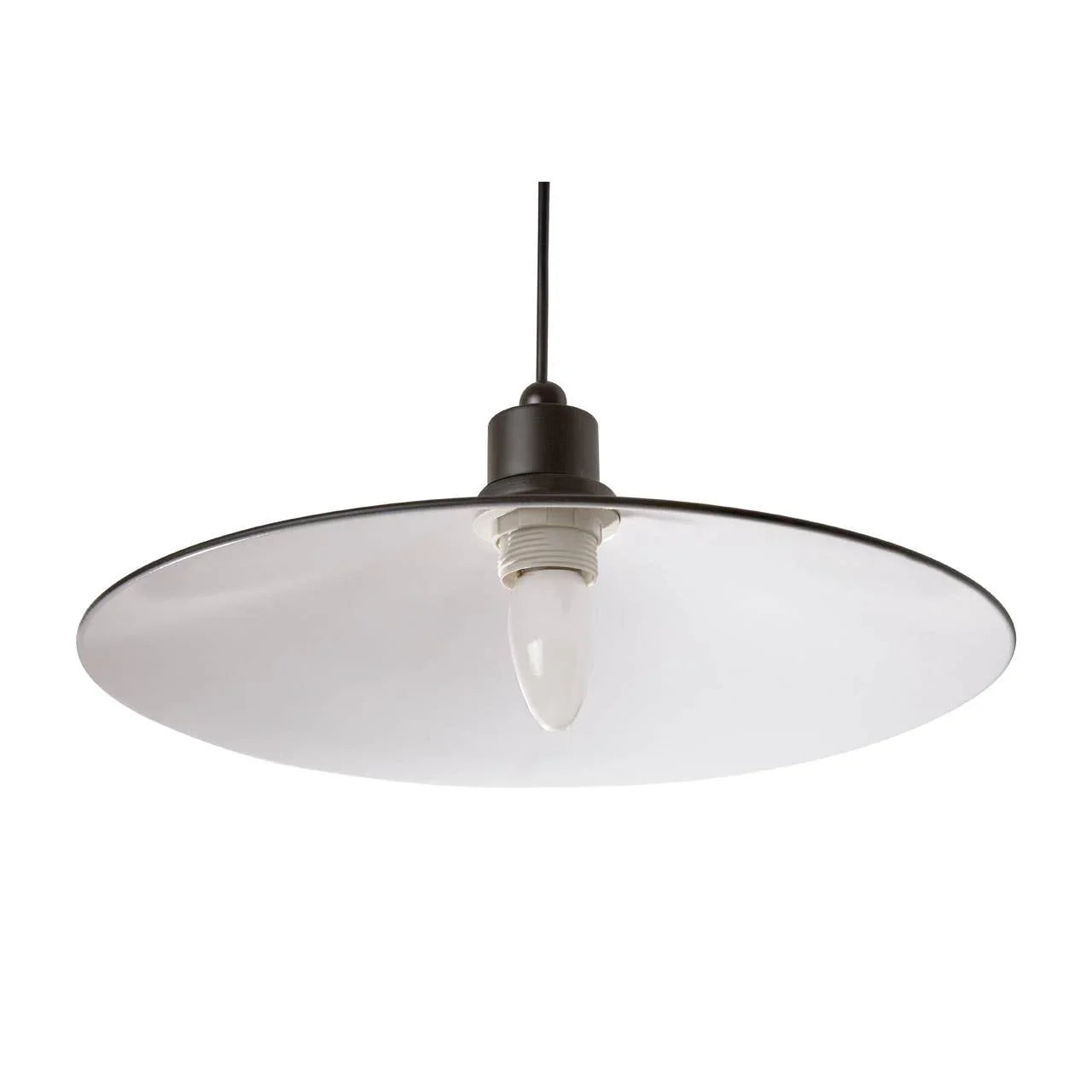 Modern pendant ceiling light with wide black and white metal shade and exposed bulb