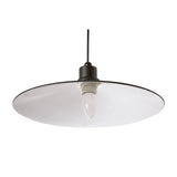 Modern pendant ceiling light with wide black and white metal shade and exposed bulb