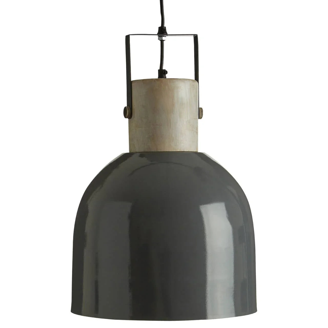 Industrial pendant light with dark grey metal shade and wood accent, front view