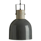 Industrial pendant light with dark grey metal shade and wood accent, front view