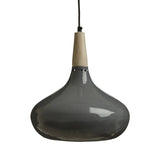 Grey metal pendant light with wooden top and black cord, modern ceiling lighting