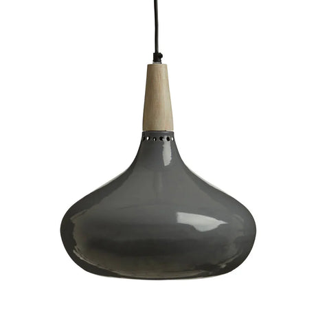 Grey metal pendant light with wooden top and black cord, modern ceiling lighting