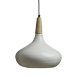 Modern pendant light with glossy white shade and wooden top on white background