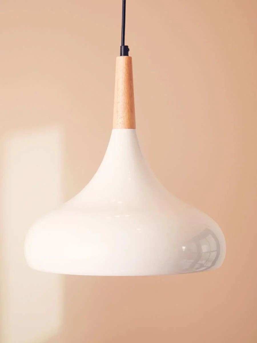 White pendant ceiling light with wooden top against neutral wall