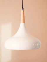White pendant ceiling light with wooden top against neutral wall