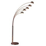 Copper arc floor lamp with five adjustable dome heads and round base