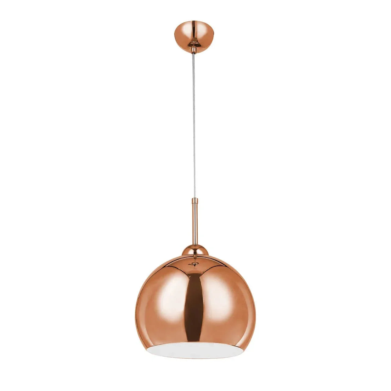 Copper pendant ceiling light with a dome shade and white interior finish