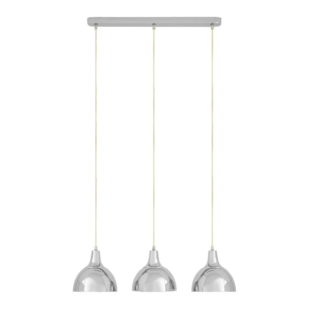 Chrome pendant light with three dome shades and cable drop, modern ceiling lighting fixture