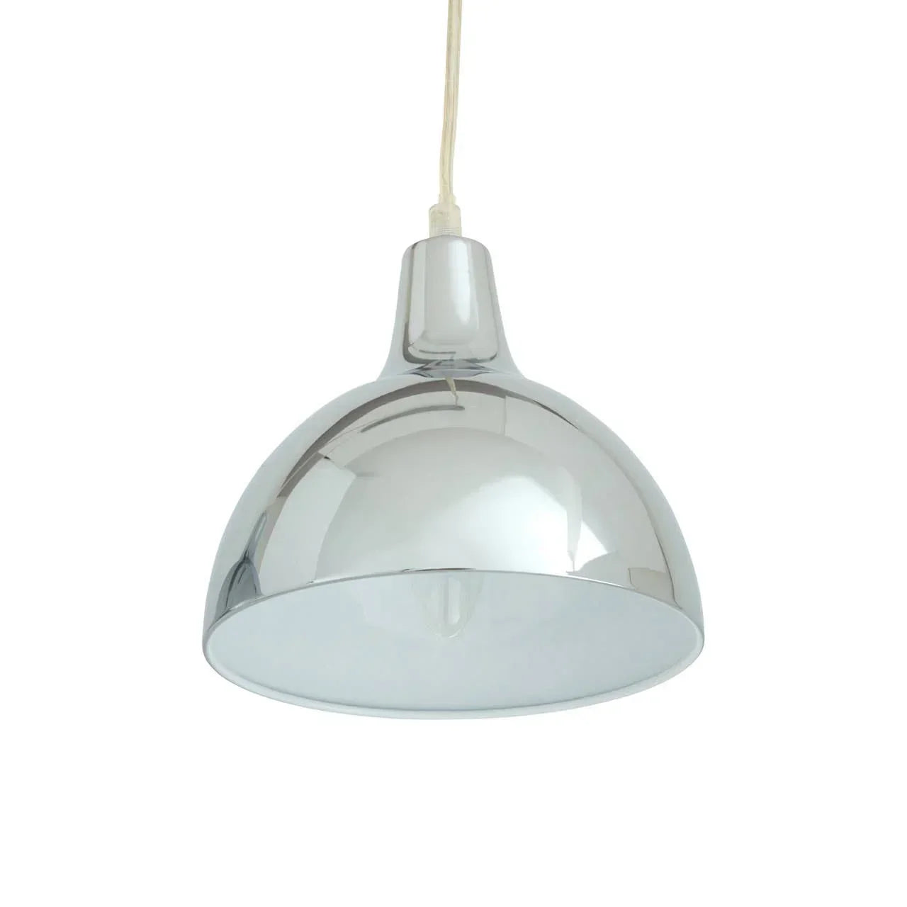 Chrome dome pendant light with glossy metallic finish and cream cord