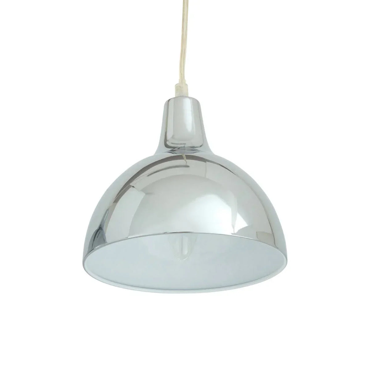Chrome dome pendant light with glossy metallic finish and cream cord