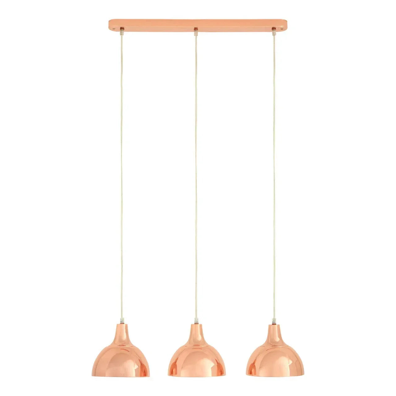 Copper ceiling pendant light with three dome shades and adjustable cords